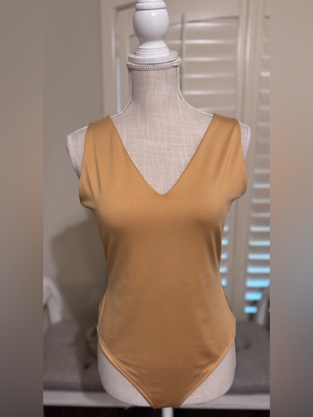 New York and Company Gold V-Neck Sleeveless Bodysuit